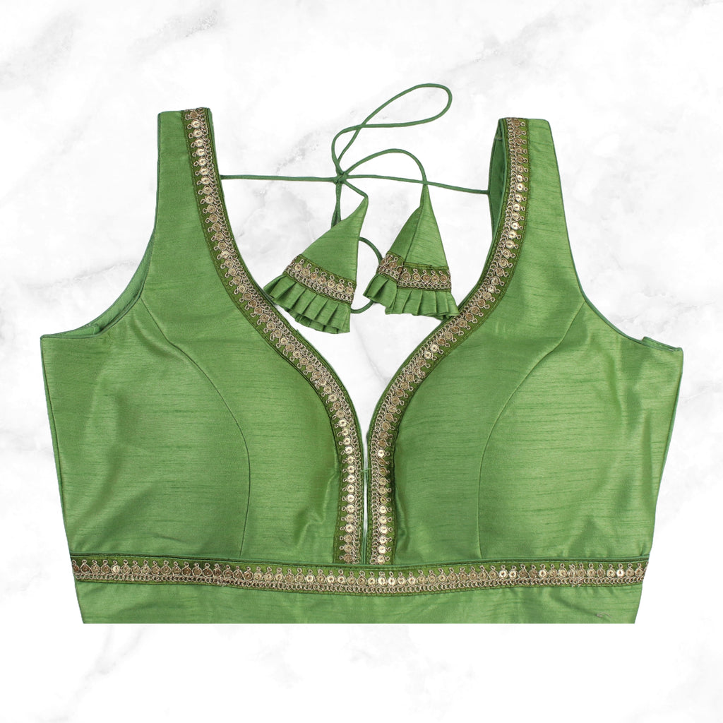 MAYA | LIGHT GREEN SEQUIN TRIMMED PLAIN SILK BLOUSE