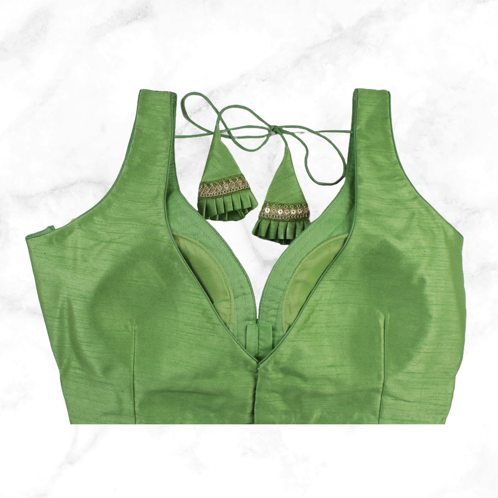 MAYA | LIGHT GREEN SEQUIN TRIMMED PLAIN SILK BLOUSE