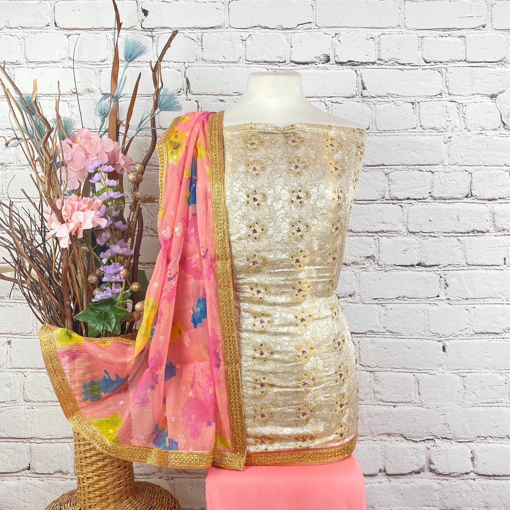 Unstitched Soft Faux Floral Benarsi Silk Suit (D63)