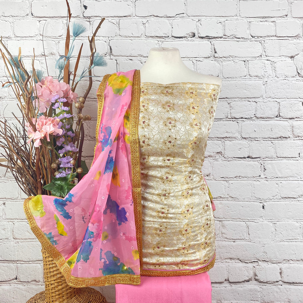 Unstitched Soft Faux Floral Benarsi Silk Suit (D63)