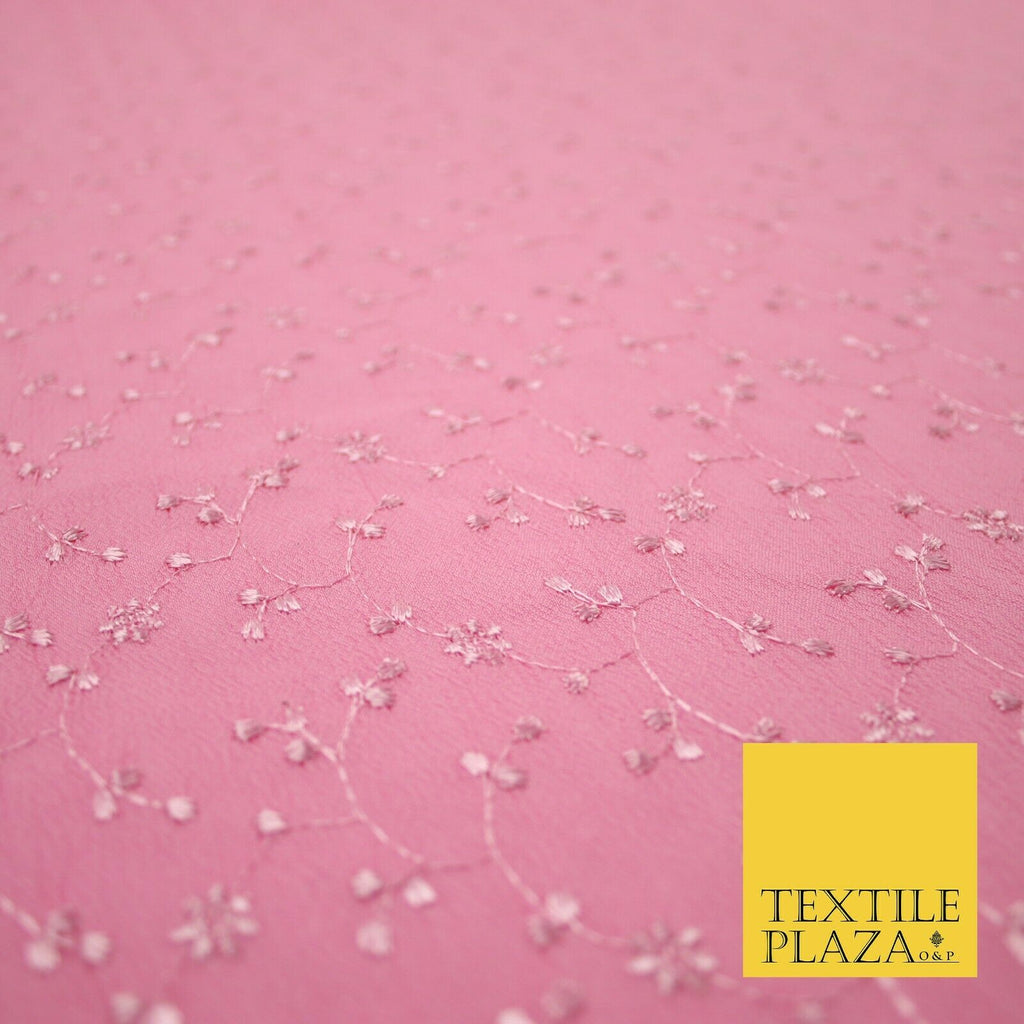 Premium Pink Floral Stems Threadwork Embroidered Crinkle Viscose Dress Fabric