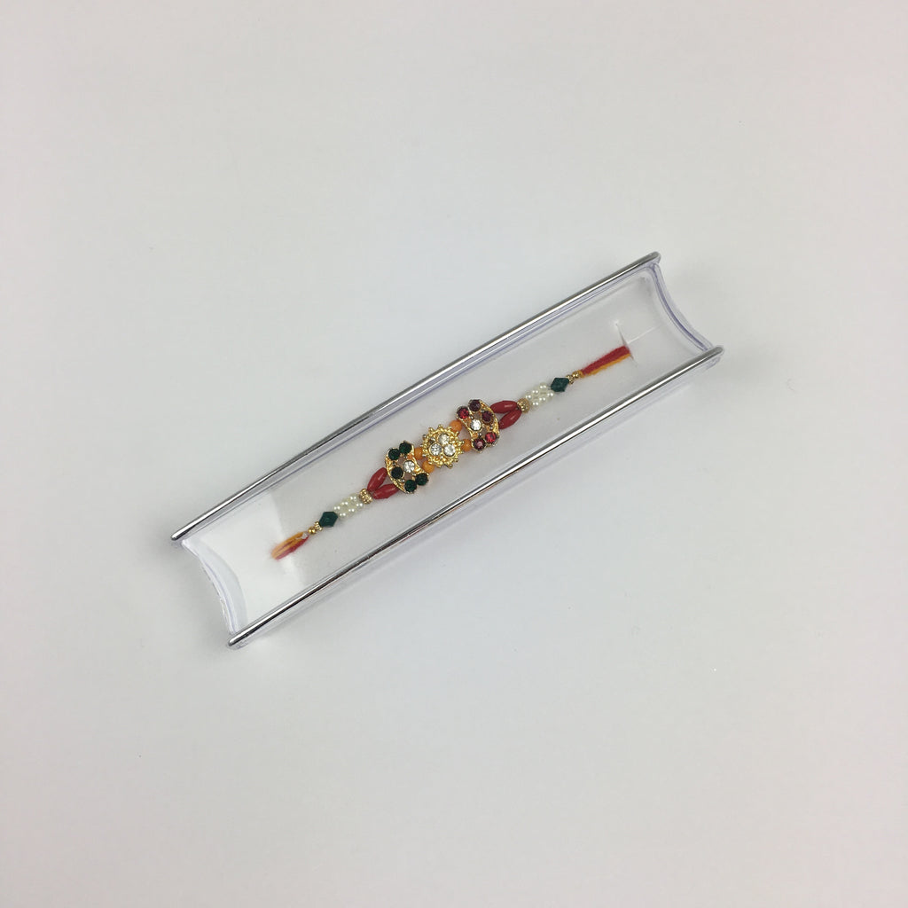 Single Bow Shaped Multicolour Stone With Pearls Rakhi - R103