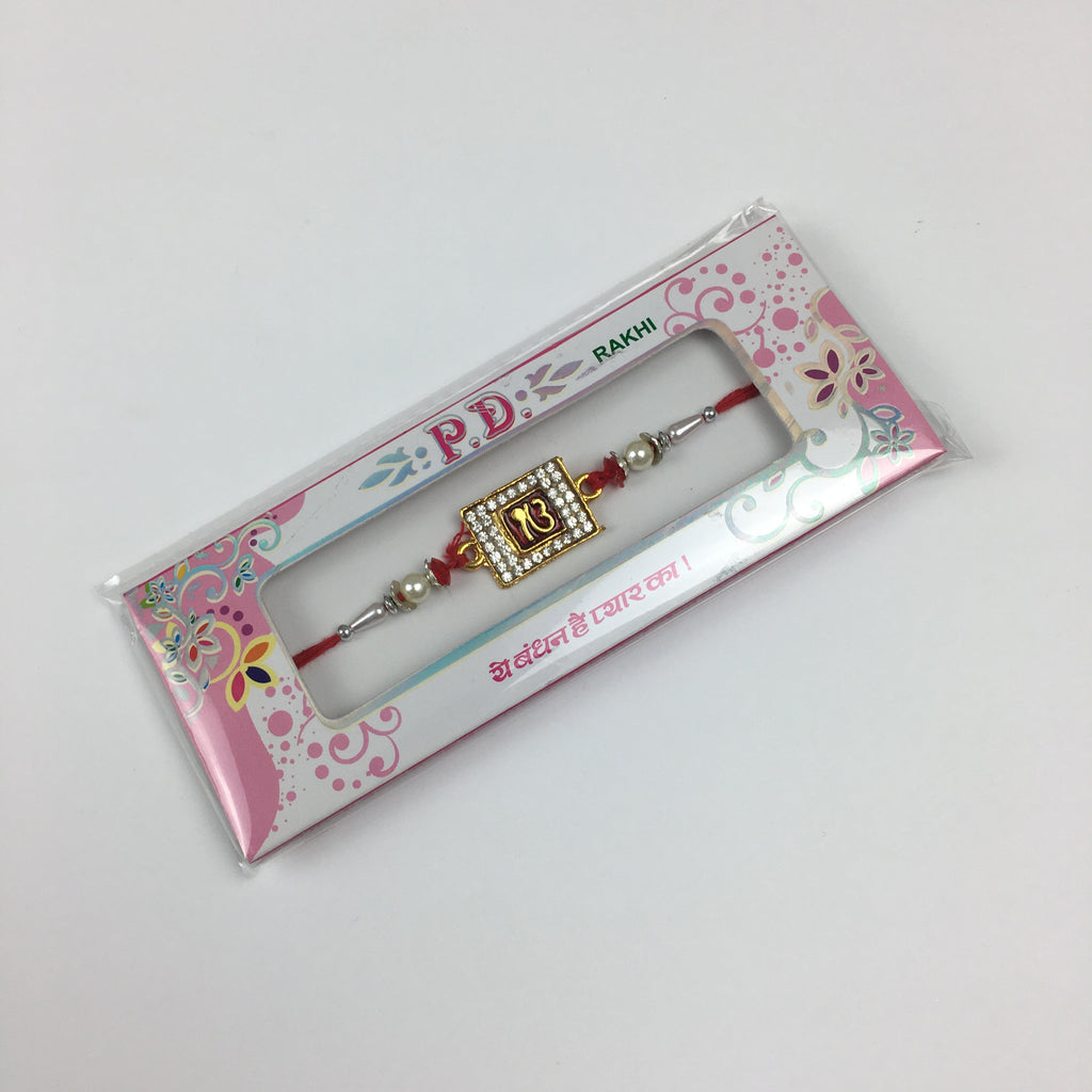 Single Metal And Silver Stoned Ik Onkar Rakhi With Pearls(R113)