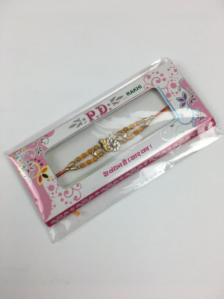 Single Simple Orange Beaded Ik Onkar Silver Stoned Rakhi - R115