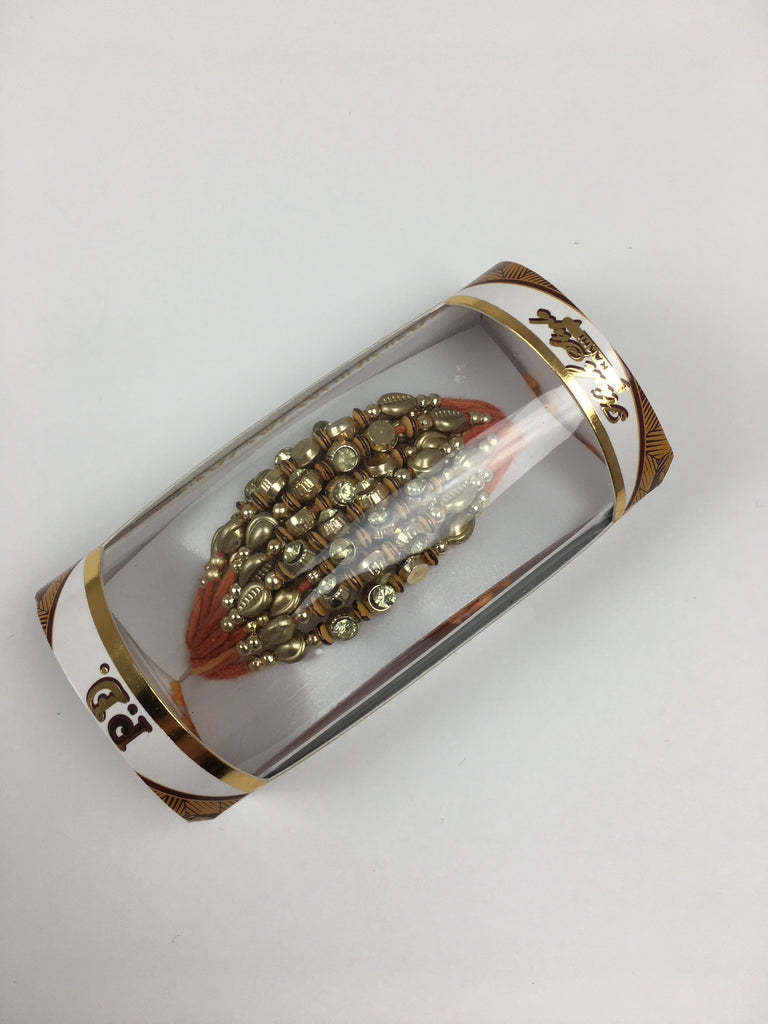 Dozen Rakhis With Orange Thread And Gold Beading - R117