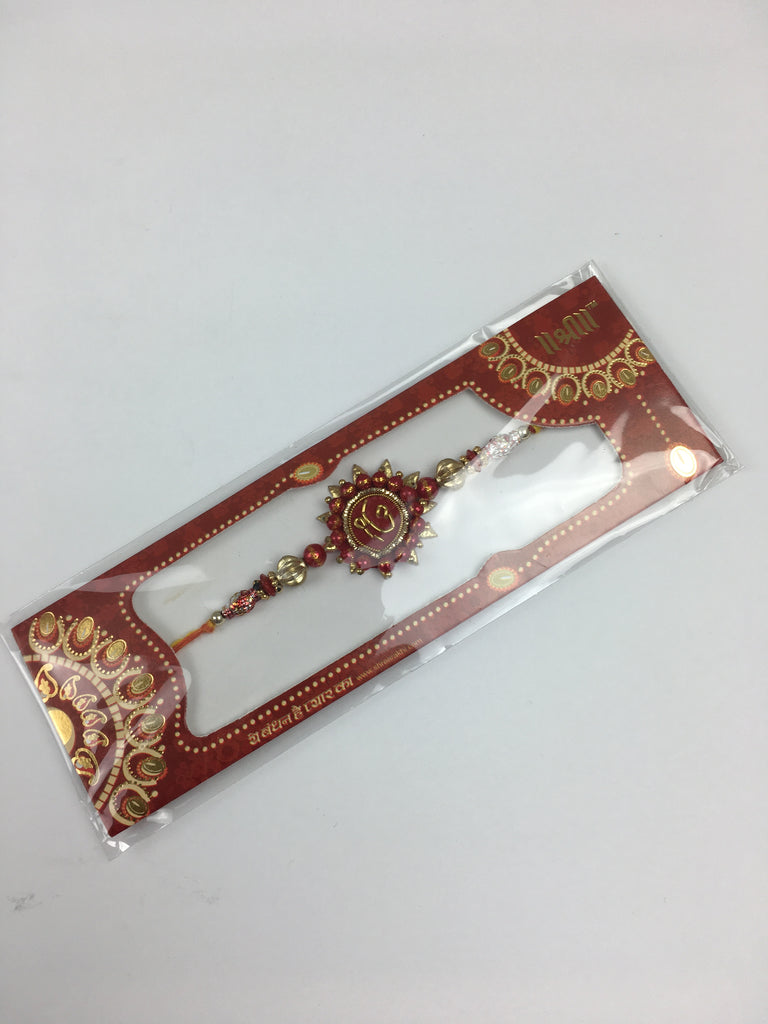 Single Red And Gold fabric Ik Onkar Rakhi With Orange Thread - R118