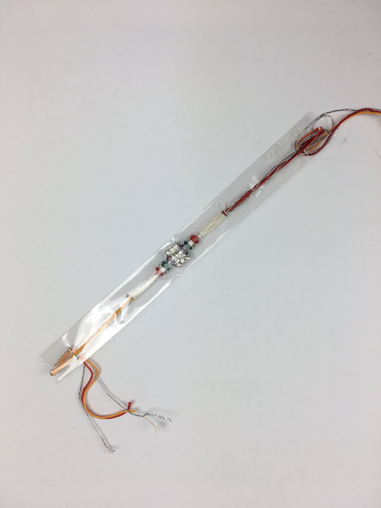 Single Square Shaped Diamonte Rakhi With Multicolour Beads And Pearls - R122