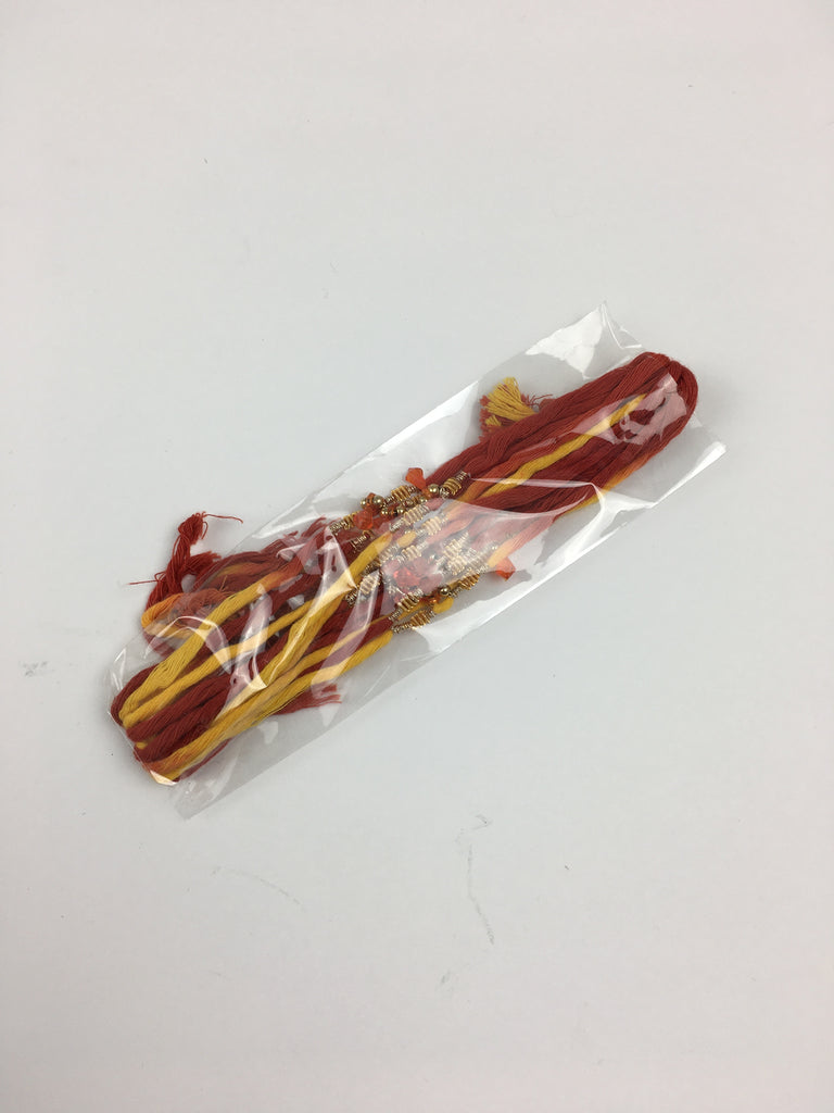 Dozen Rakhis With Orange And Gold beads on a Multicolour Thread - R130