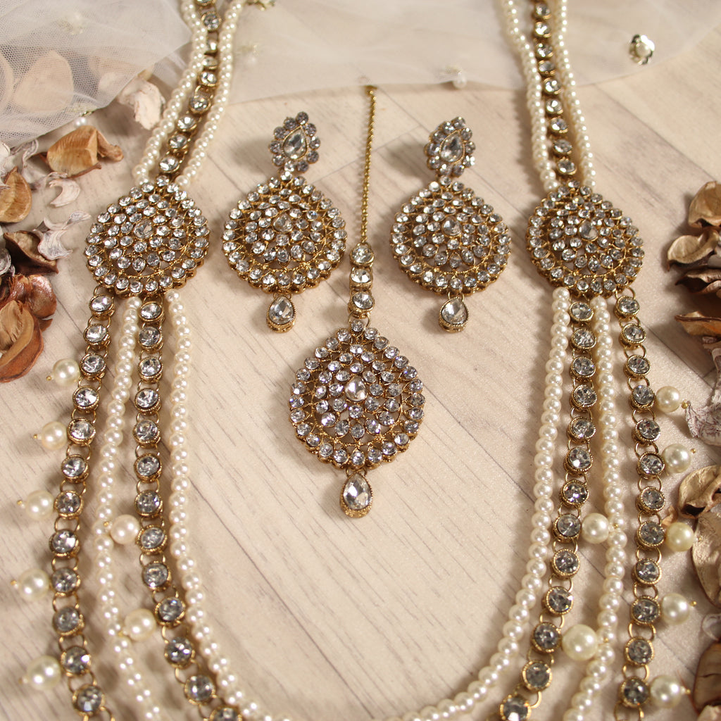 Crystal & Pearl Rani Haar Set with Pearl Beads