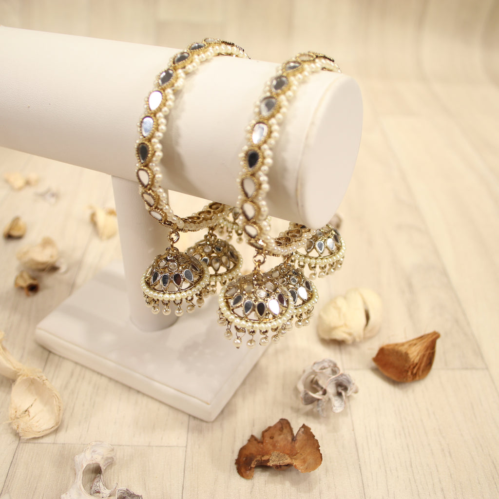 Antique Gold Mirror Bangles adorned with Pearls and 3 Chumkis