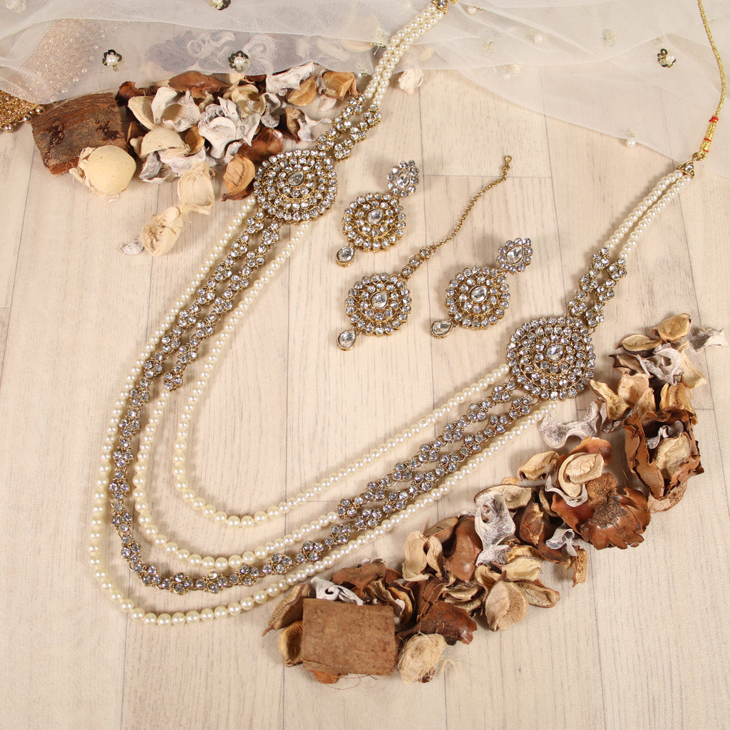Diamond Cluster Rani Haar Set with 3 Pearl Tiers