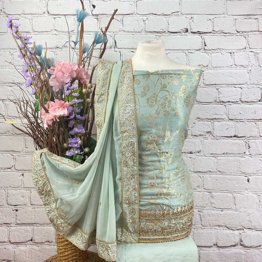 Unstitched Soft Faux Floral Benarsi Silk Suit (D69)