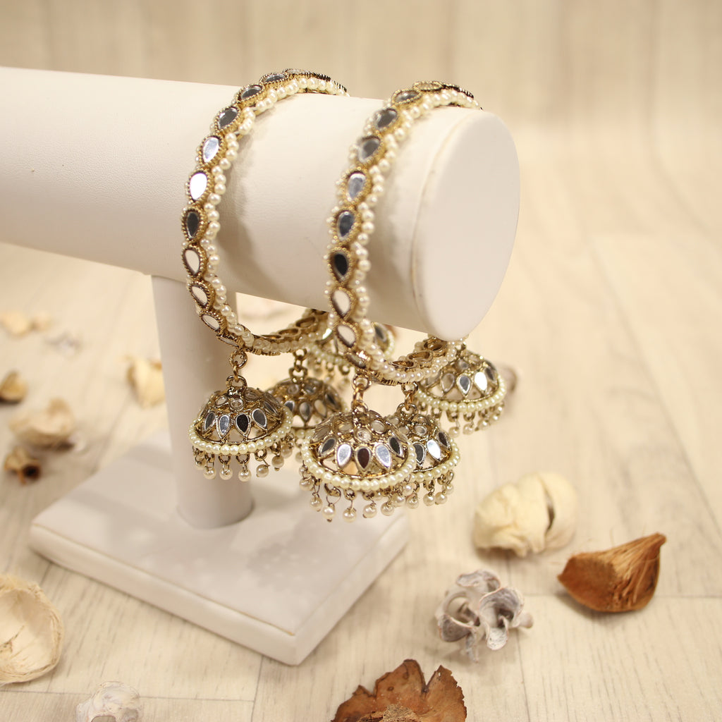 Antique Gold Mirror Bangles adorned with Pearls and 3 Chumkis