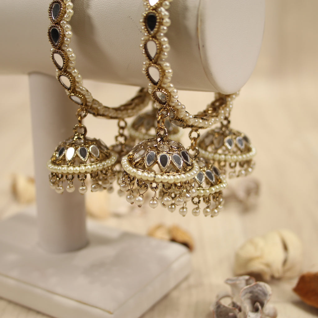 Antique Gold Mirror Bangles adorned with Pearls and 3 Chumkis