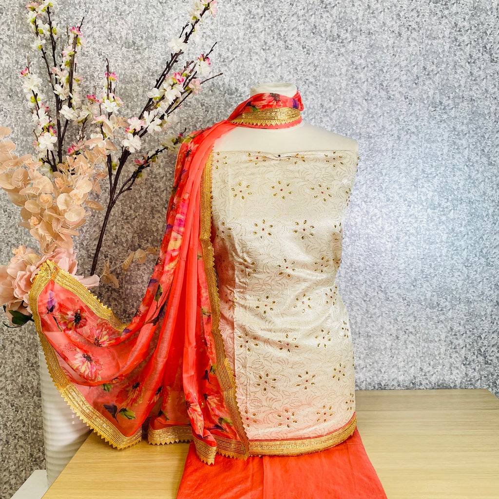 Unstitched Soft Faux Floral Benarsi Silk Suit