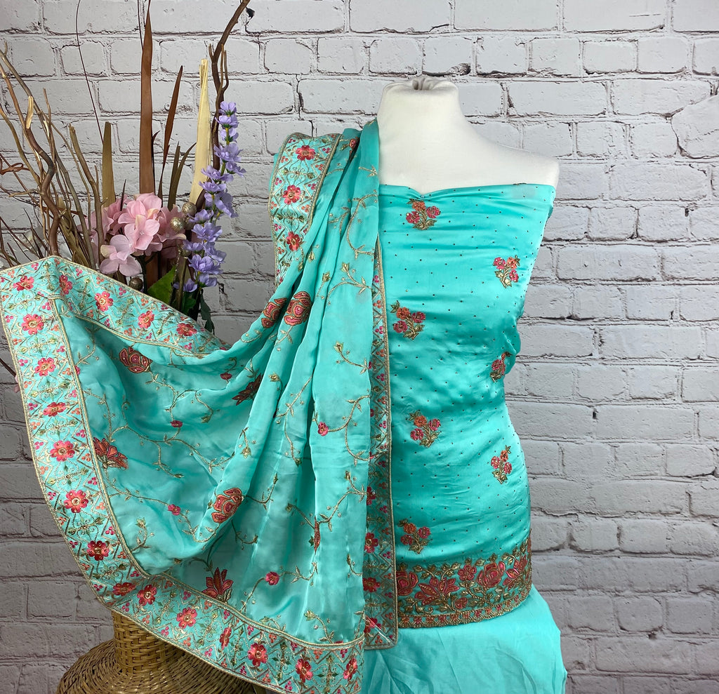 Unstitched Soft Floral Embroidered Sateen Silk Suit (B9)
