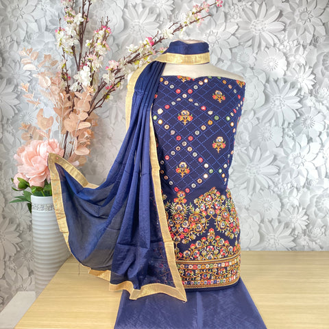 Unstitched Soft Floral Faux Benarsi Silk Suit (A11)