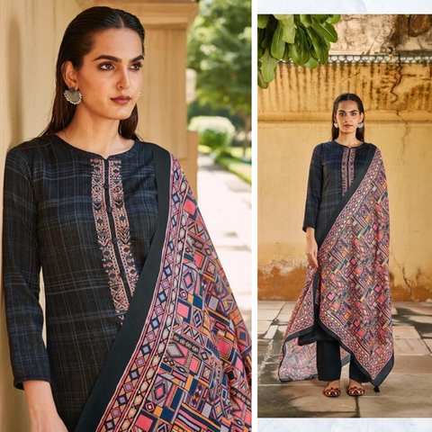 Self print garam suit with a contrast border (G11)