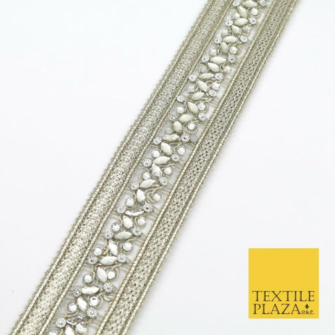 White Silver Pearl Beaded Trimming Border Ribbon Ethnic Gota Edging X304
