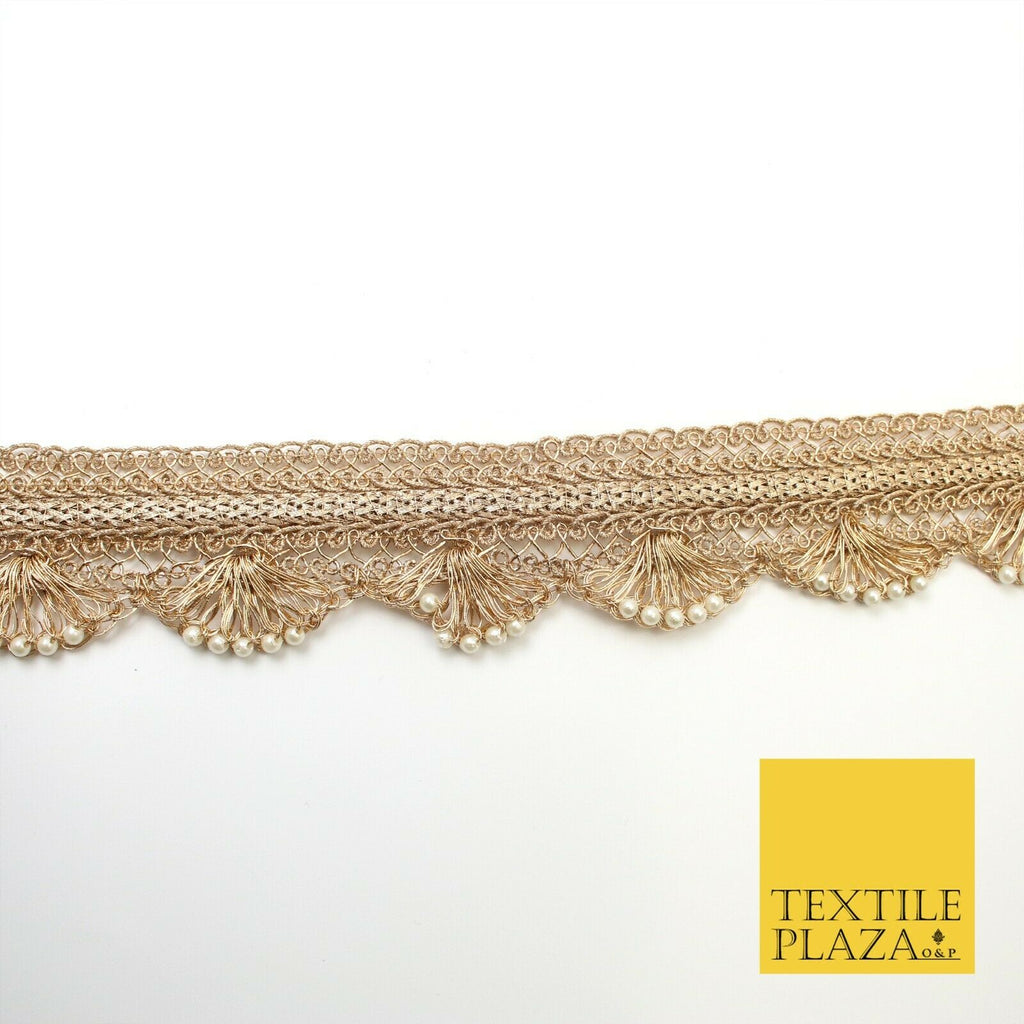 Light Gold Intricate Pearl Swag Trimming Border Ethnic Pankhi Scallop X309