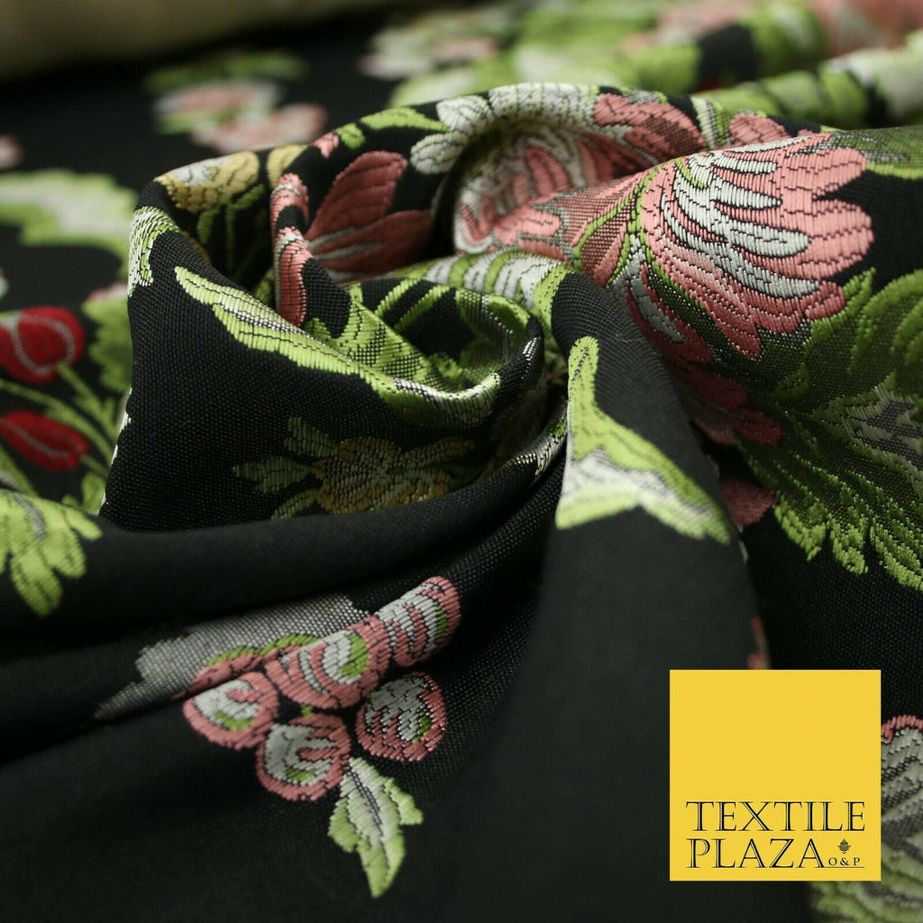 Black Large Ornamental Vintage Floral Fancy Brocade Jacquard Dress Fabric 4152