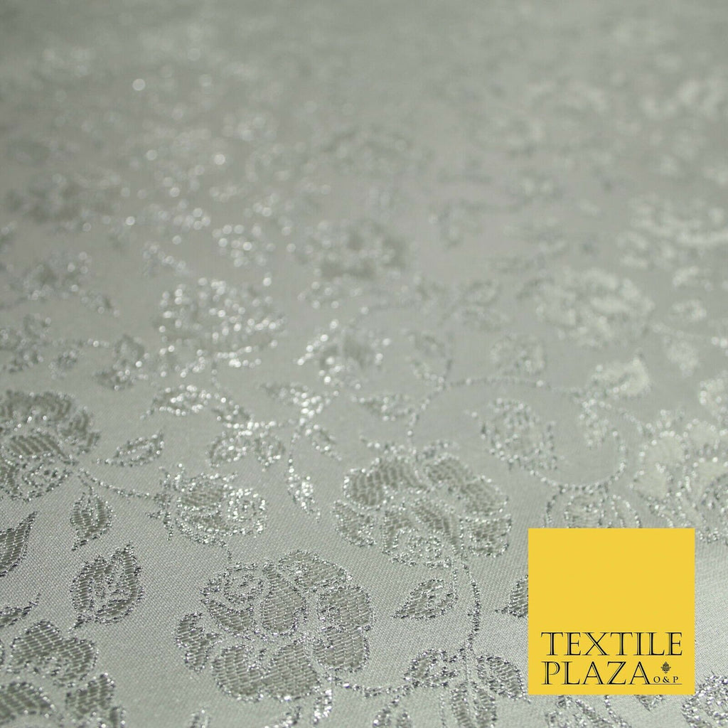 Silver Floral Carnation Vine Satin Metallic Brocade Dress Fabric Fancy 45" 6004