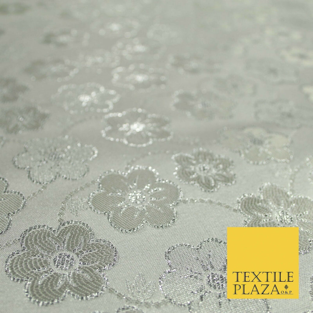 Silver Floral Pansy Vine Satin Metallic Brocade Dress Fabric Fancy 45" 6006