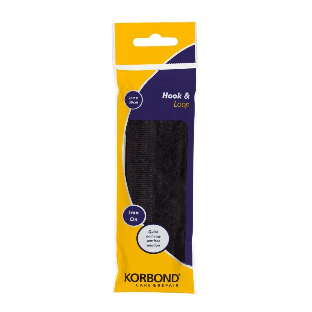 KORBOND Hook & Loop Iron On BLACK 2cm x 50cm Furnishing Upholstery Zip 110113