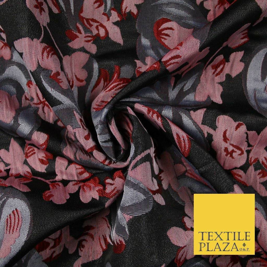Dark Grey / Wine / Pink Artsy Floral Textured Brocade Jacquard Dress Fabric 6786