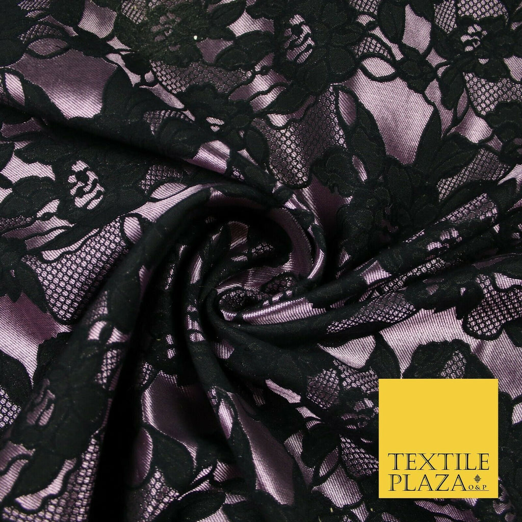 Black Mauve Pink Floral Lace Effect Woven Brocade Jacquard Dress Fabric 6844