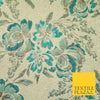 Cream Jade Teal Ornate Mix Floral Swirls Metallic Textured Brocade Fabric 7170