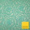 Mint Aqua Corded All Over Cluster Floral Roses Textured Brocade Fabric 7167