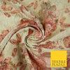Cream Large Salmon Pink Flowers Creased Metallic Textured Brocade Fabric 7166