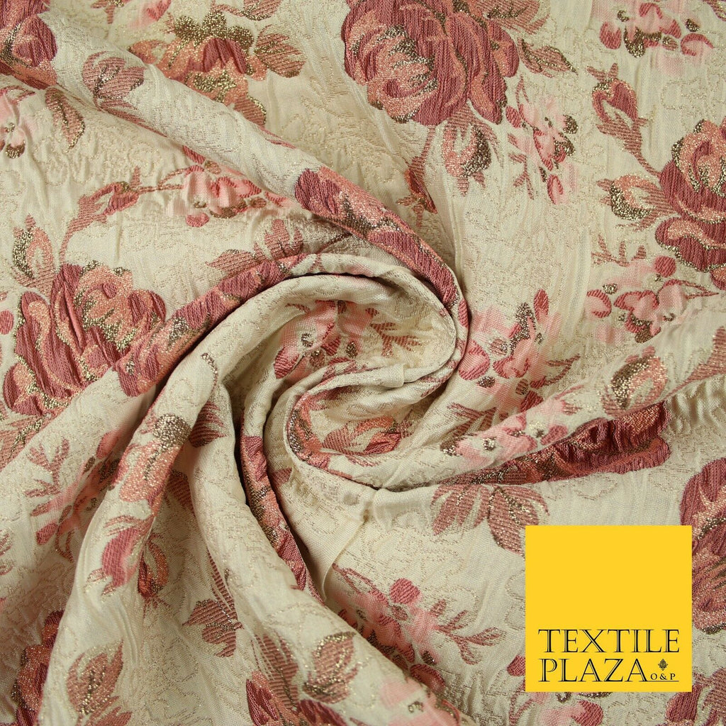 Cream Dusty Pink Falling Carnation Roses Metallic Textured Brocade Fabric 7164