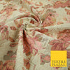 Cream Large Salmon Pink Flowers Creased Metallic Textured Brocade Fabric 7166