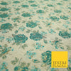 Cream Sea Green Rose Flowers Gold Metallic Speckle Textured Brocade Fabric 7163