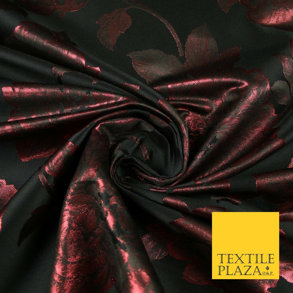 Black Raspberry Wine Oversized Floral Metallic Jacquard Brocade Fabric 7149