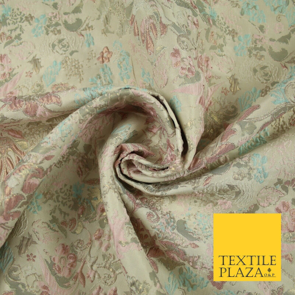 Cream Pink Aqua Pastel Wild Intense Floral Textured Brocade Jacquard Fabric 7142
