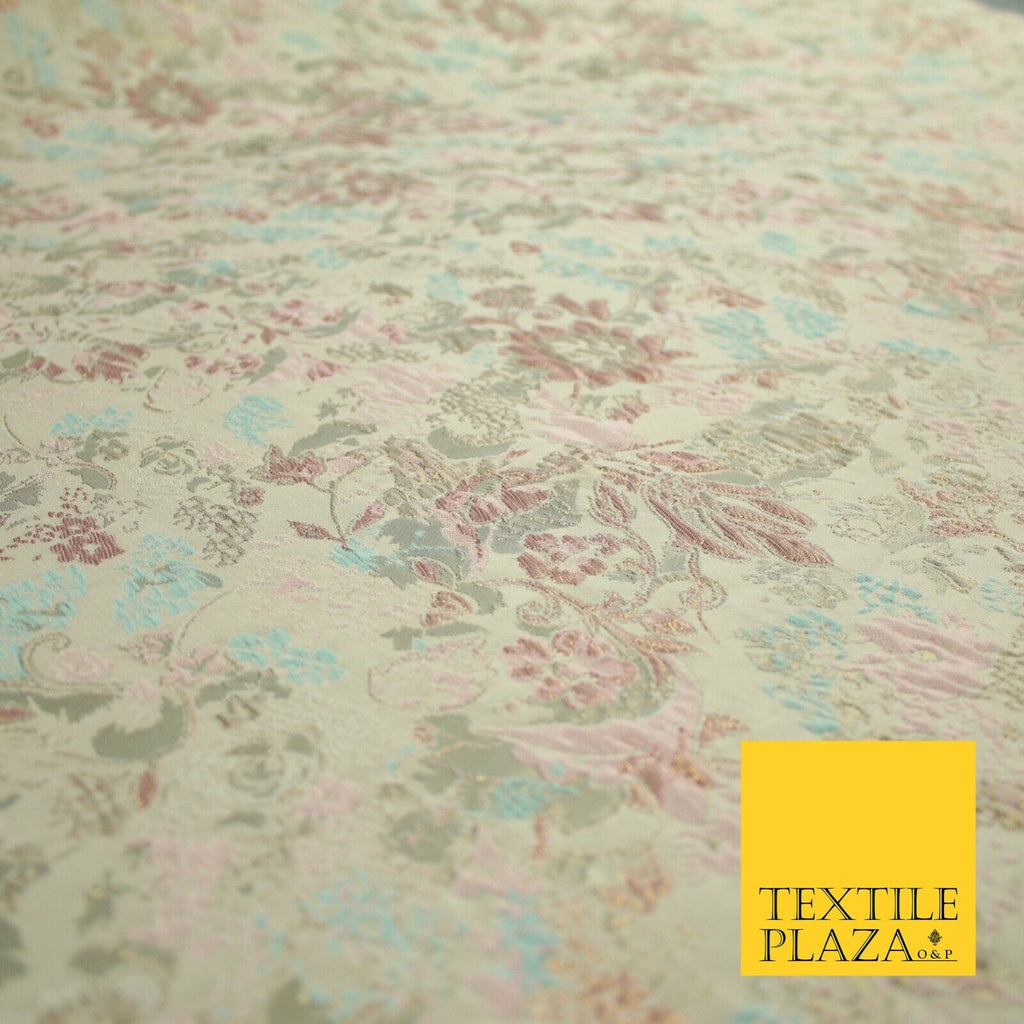 Cream Pink Aqua Pastel Wild Intense Floral Textured Brocade Jacquard Fabric 7142