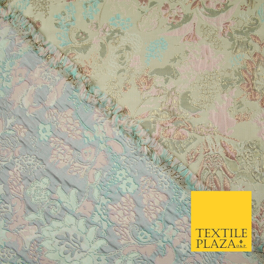 Cream Pink Aqua Pastel Wild Intense Floral Textured Brocade Jacquard Fabric 7142