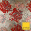 Deep Red Rose Gold Large Floral Rose Metallic Textured Brocade Fabric 7130