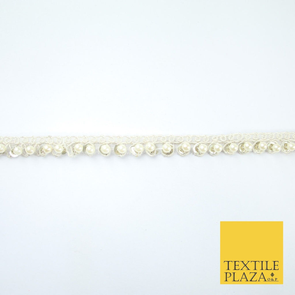 15 COLOURS - Premium Slim Sequin Pearl Beaded Ribbon Trim Border Lace - 1cm Wide