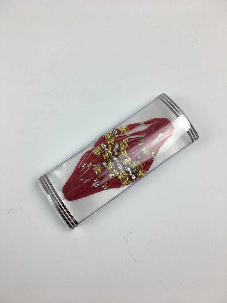 Dozen Gold and Red beaded Rakhis with Red Thread - R133