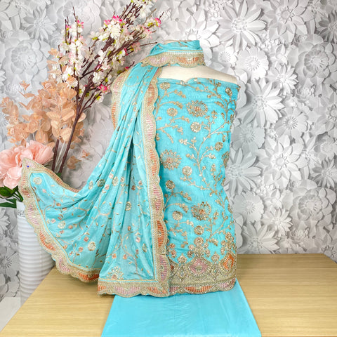 Unstitched Faux Floral Benarsi Silk Suit