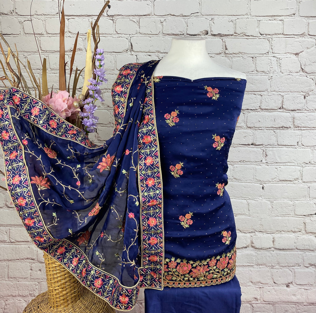 Unstitched Soft Floral Embroidered Sateen Silk Suit (B9)