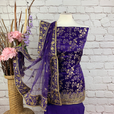 Unstitched Faux Floral Benarsi Silk Suit
