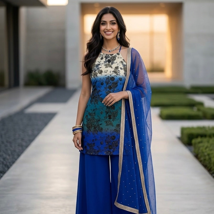 Unstitched Ombré Floral Benarsi Silk Suit