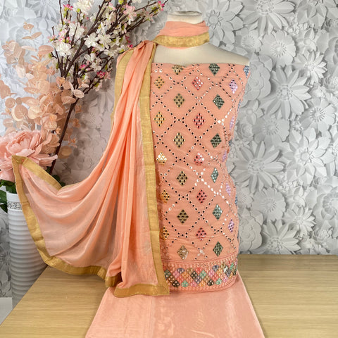 Unstitched Soft Floral Faux Benarsi Silk Suit (A11)