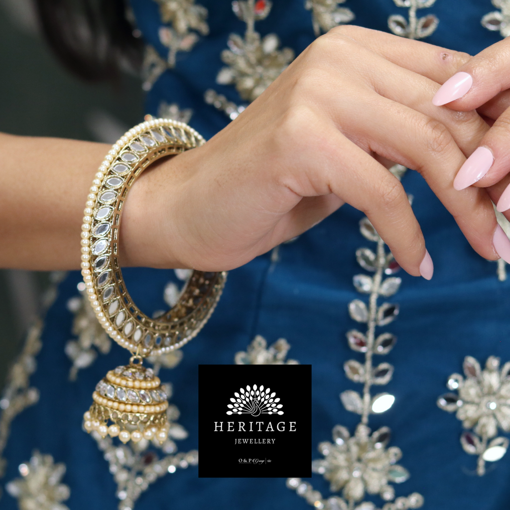 Antique Gold Mirror Bangles adorned with Pearls and Chumki