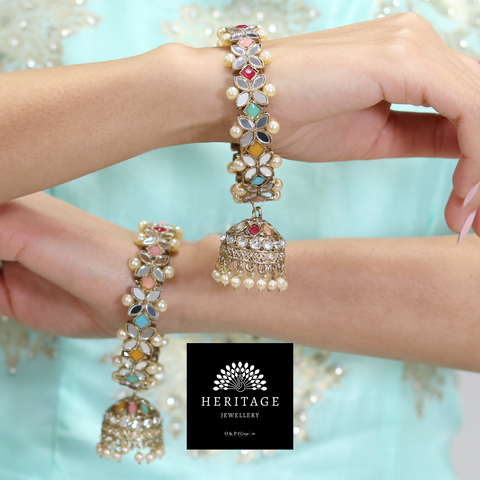 Antique Gold Mirror Bangles adorned with Pearls and Chumki